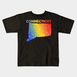 Colorful mandala art map of Connecticut with text in blue, yellow, and red Kids T-Shirt